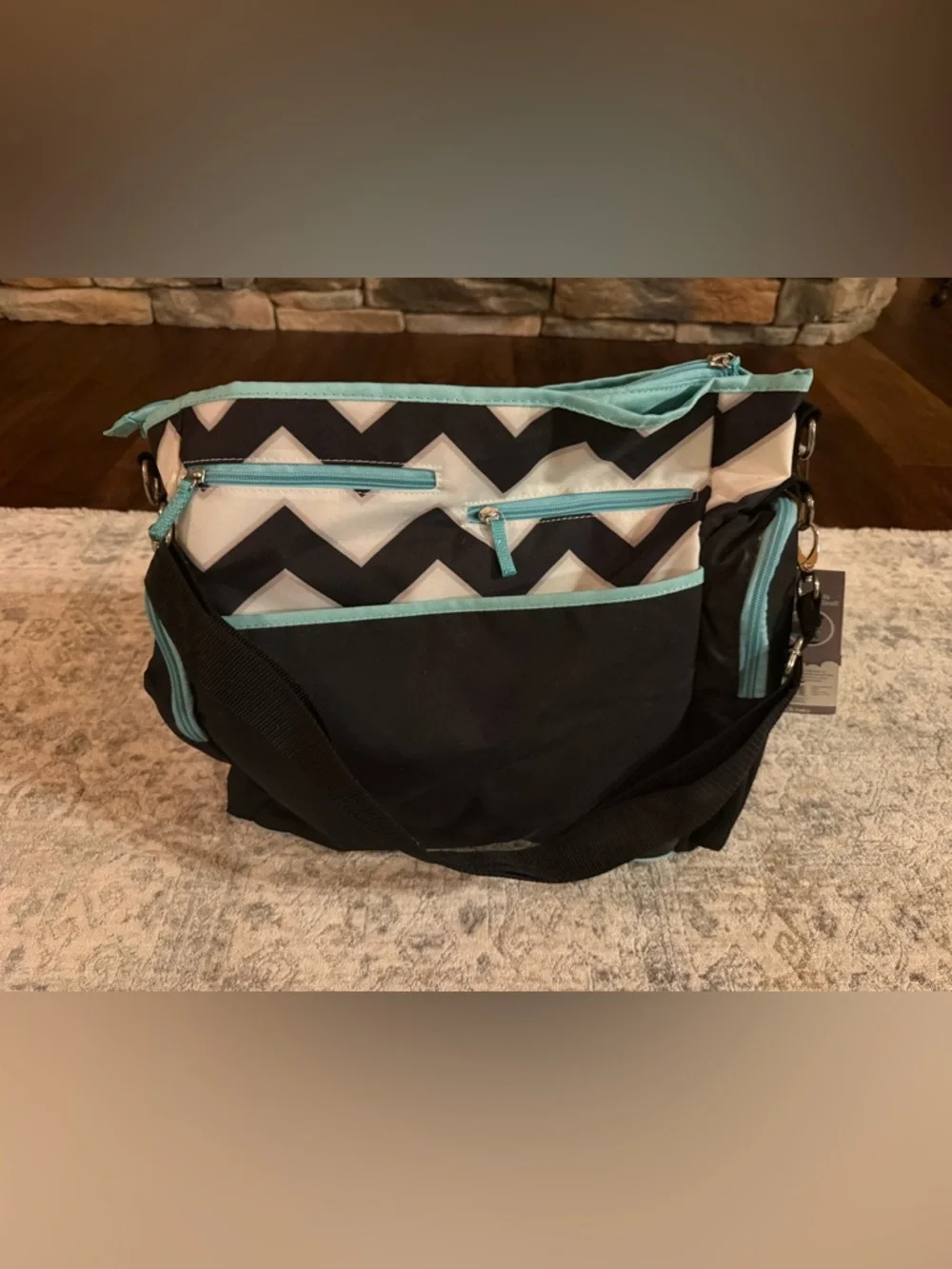 Chevron Baby Bag Organizer Tote in Black, White & Aqua